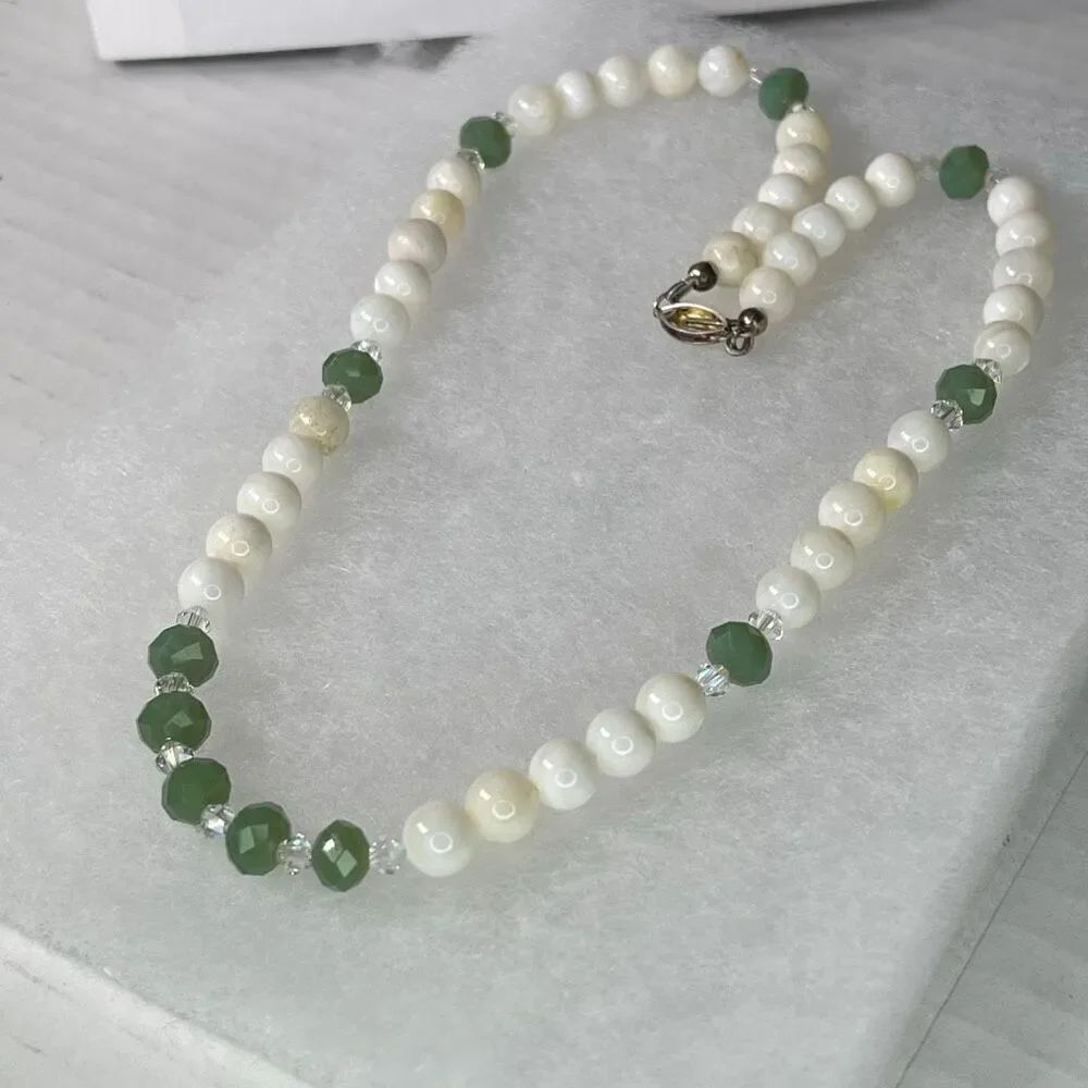 Mother of Pearl , Jade, Crystal necklace.